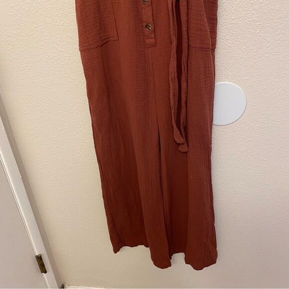 Orange Lagenlook cotton gauze muslin wide leg jumpsuit beltvbutton pocket L - Picture 6 of 13